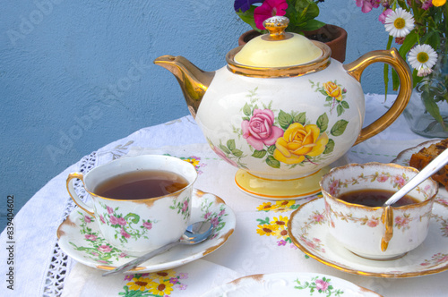 Afternoon hight  tea  cream tea  cake   vintage china  
royal  tea party lace  table cloth 