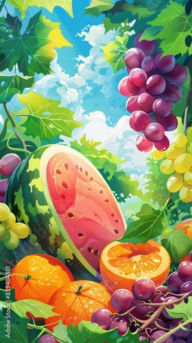 A cheerful cartoonish fruit scene with succulent watermelons plump grapes and bright oranges set against a sunny sky or verdant background creating a playful and inviting celebration of naturea photo