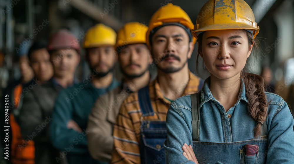 Confident manual workers and engineers from diverse backgrounds, including Asian, Caucasian, and African men and women, standing proudly at their workplace Confident manual workers and engineers from diverse backgrounds, including Asian, Caucasian, and African men and women, standing proudly at their workplace