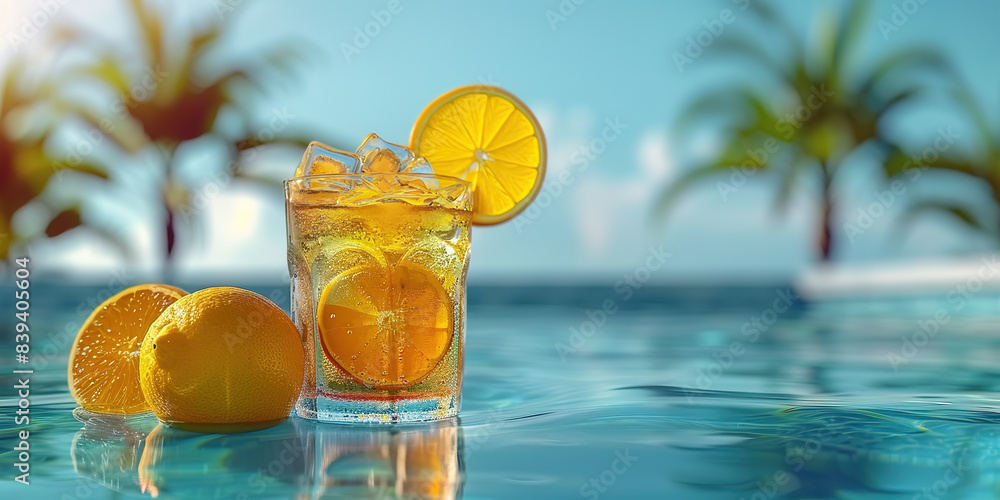 Summer fresh cocktail lemonade in glass with ice and lemon on sea turquoise blue water background with palms. Summer sea vacation and travel concept. Exotic summer drinks. Summertime, summer