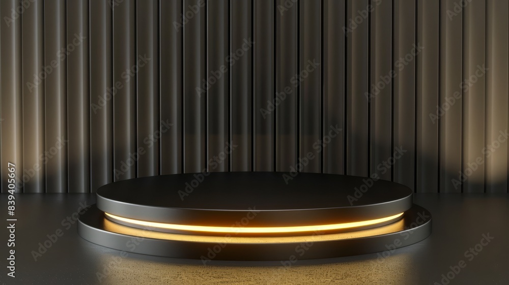 Modern Black Display Platform with Warm Illumination and Vertical Slatted Backdrop. Modern Black Display Platform with Warm Illumination and Vertical Slatted Backdrop.