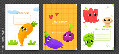 Vector set of notepad covers with vegetables. Food notebook template. Cartoon illustration. Meal planner with carrot and cute kids faces