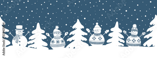 Snowmen have fun in Winter Holidays. Seamless Border. Christmas Background. Different snowmen in winter clothes under snowfall. Greeting Card Template. Vector illustration in dark blue, white