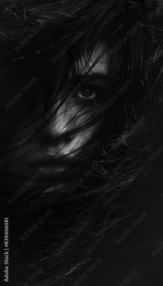 Mysterious Portrait with Dark Flowing Hair and Piercing Eyes - Intimate Artistic Nightmare Design for Posters or Prints Mysterious Portrait with Dark Flowing Hair and Piercing Eyes - Intimate Artistic Nightmare Design for Posters or Prints