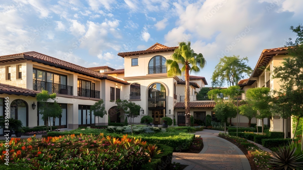 Fototapeta premium Mediterranean-Style Senior Residence with Lush Gardens and Inviting Atmosphere