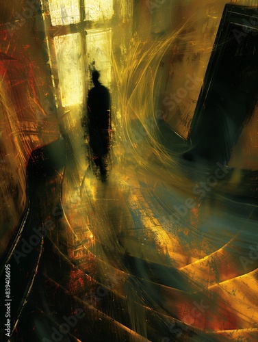 man walking down spiral staircase building shy graphic novel radiating golden light scary empty liminal spaces standing maelstrom walks hallway psychosis torment