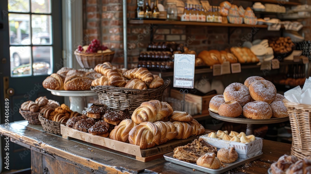 A bakery counter filled with fresh pastries, breads, and treats.  A vintage, rustic setting with natural light.