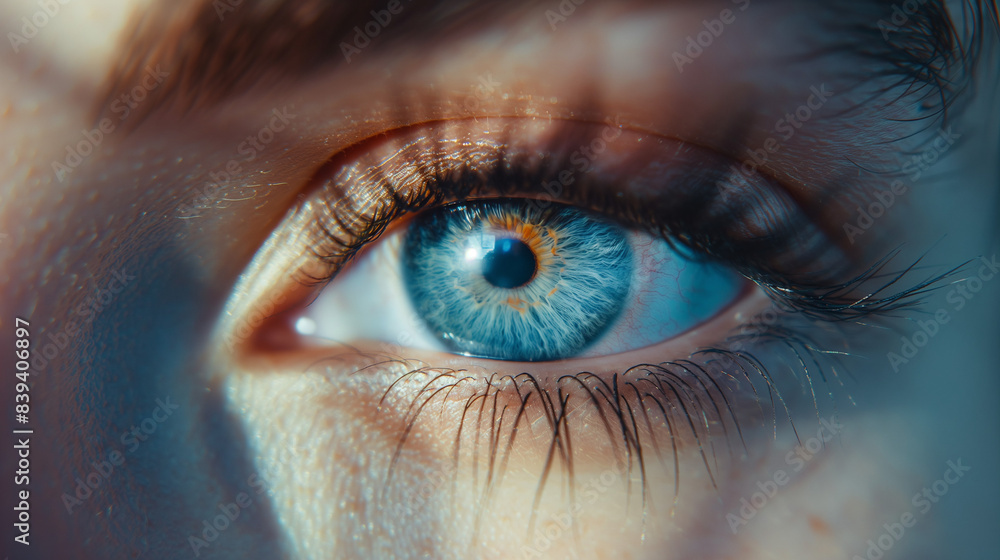 Fototapeta premium The eye is blue with a clear pupil, surrounded by long, dark eyelashes. The skin around the eye is smooth, and there's a hint of makeup, particularly on the eyelids