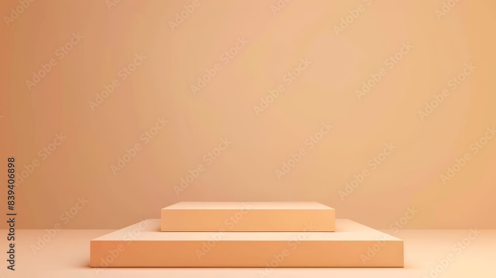 Minimalist Peach-Colored Tiered Pedestal Set in a Softly Lit Room with Warm Ambient Lighting.