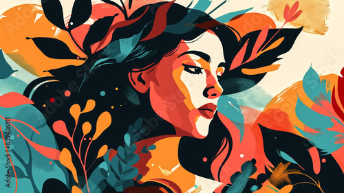 Vibrant Abstract Portrait of a Woman with Colorful Leaves and Artistic Patterns in a Modern, Contemporary Style