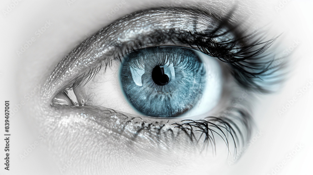 Fototapeta premium A close-up of a human eye. The eye is blue, with long, curled eyelashes that appear to be accentuated, possibly with mascara. The pupil is centrally located, and the eyelid is slightly raised