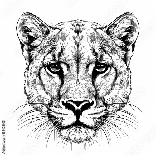 A graphic of a mountain lion on a white background in a sketch style. Digital modern graphics. © DZMITRY