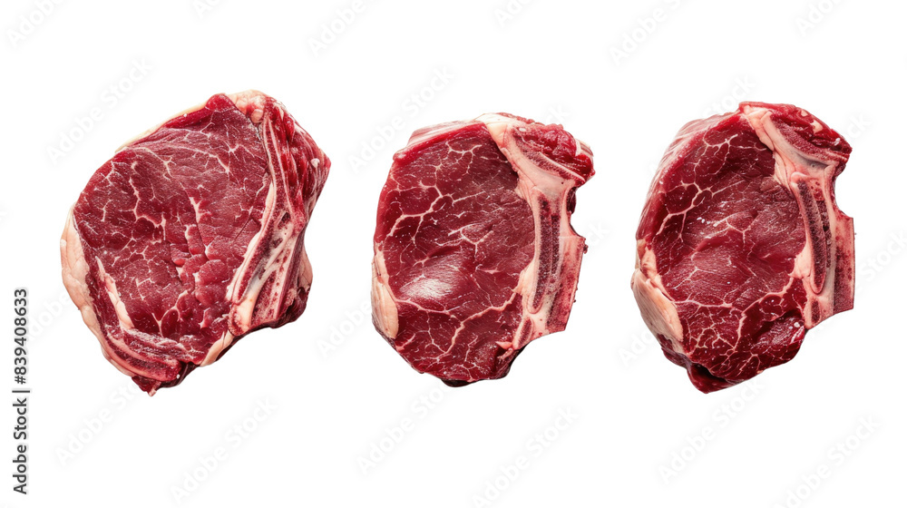 Three raw beef steaks in isolated on transparent background Three raw beef steaks in isolated on transparent background
