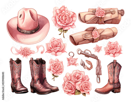 Set of watercolor western elements isolated on white background. Cowboy hat, boot, wicket. Rodeo. Wild West. Pastel color