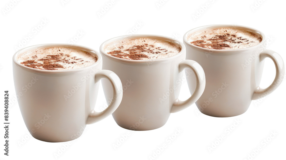 Three white mugs filled with coffee and topped with cinnamonr in isolated on transparent background Three white mugs filled with coffee and topped with cinnamonr in isolated on transparent background