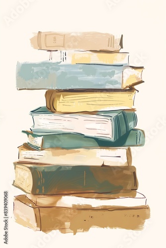 books stacked top digital flat vector warmly lit sketch vertical reading book scrolls list textbooks easel