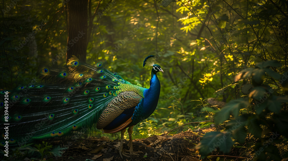 Obraz premium Beautiful peacock in the forest, a peacock with wide open and colorful tail feathers, surrounded by green trees and lush foliage, Ai generated Images