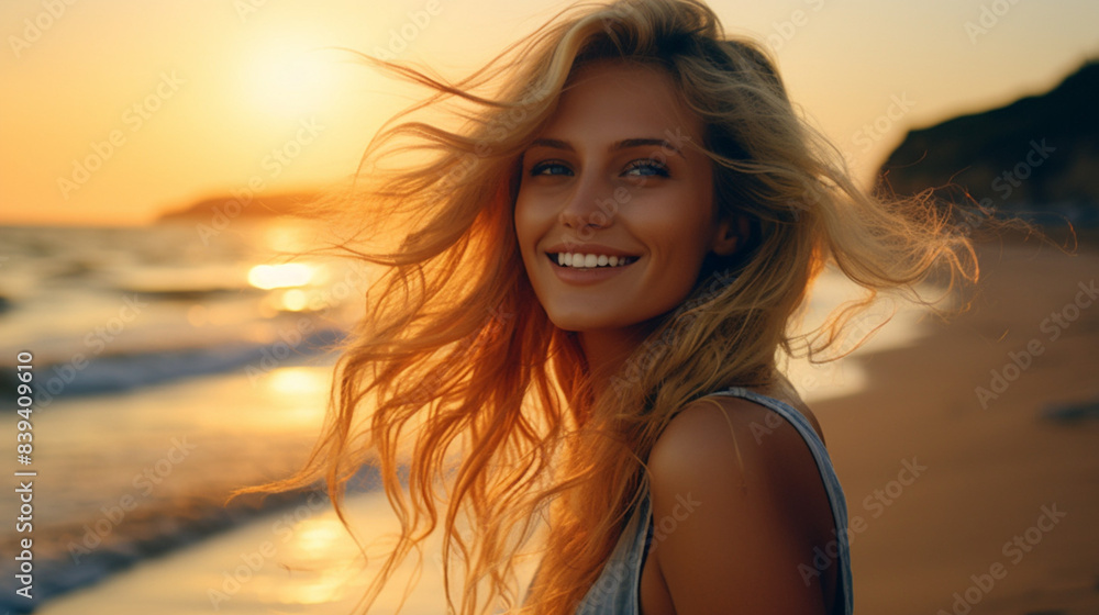 Smiling girl stands on the beach against the backdrop of sunset in a white T-shirt. Mockup copy space. European model. Beautiful sunset Smiling girl stands on the beach against the backdrop of sunset in a white T-shirt. Mockup copy space. European model. Beautiful sunset
