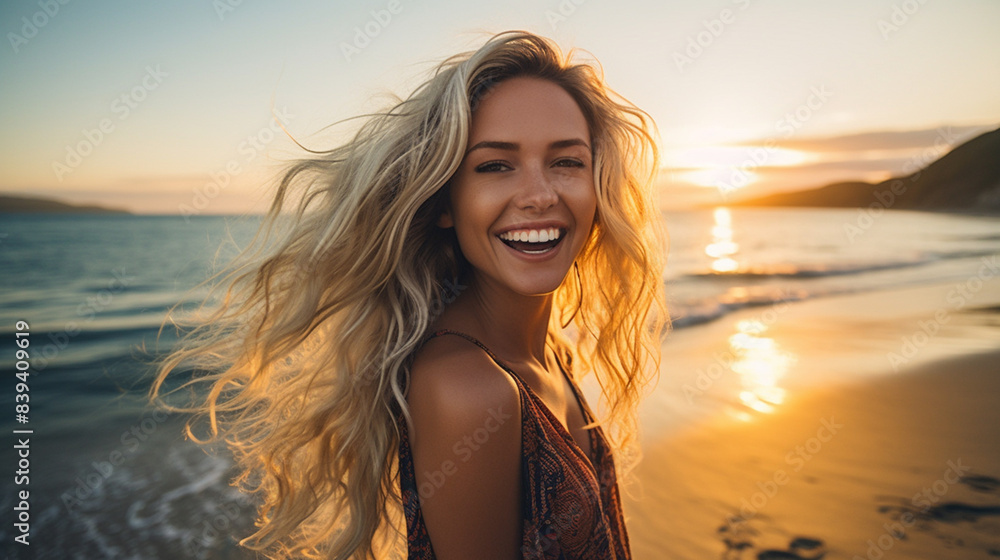 Smiling girl stands on the beach against the backdrop of sunset in a white T-shirt. Mockup copy space. European model. Beautiful sunset Smiling girl stands on the beach against the backdrop of sunset in a white T-shirt. Mockup copy space. European model. Beautiful sunset