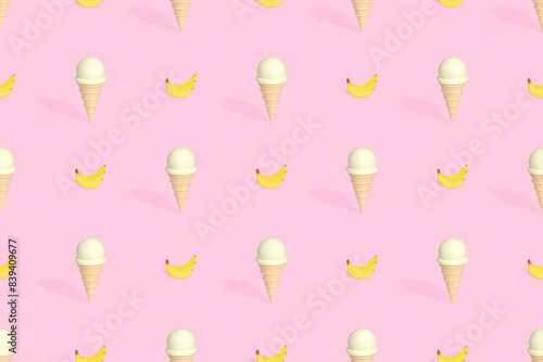 Seamless pattern on the theme of ice cream. Ice cream with banana.
