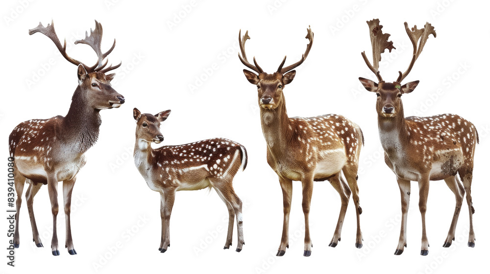 A family of four deer standing together in a forest.  The deer are all looking at the camera in isolated on transparent background