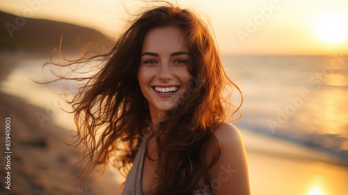 Smiling girl stands on the beach against the backdrop of sunset in a white T-shirt. Mockup copy space. European model. Beautiful sunset