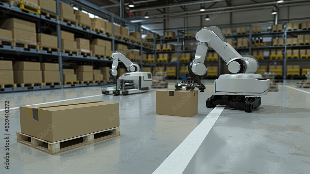 Naklejka premium A robot arm working alongside an electric cargo bot as it delivers boxes in the style of modern warehouse creating more space for human workers to focus their backs on team work and innovation.