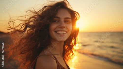 Smiling girl stands on the beach against the backdrop of sunset in a white T-shirt. Mockup copy space. European model. Beautiful sunset