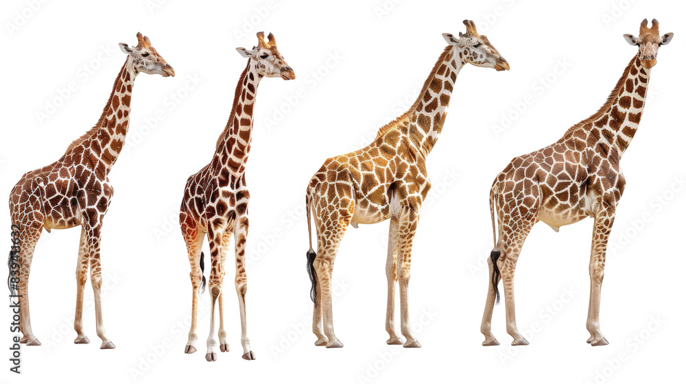 Four giraffes standing side by side, facing the right in isolated on transparent background Four giraffes standing side by side, facing the right in isolated on transparent background