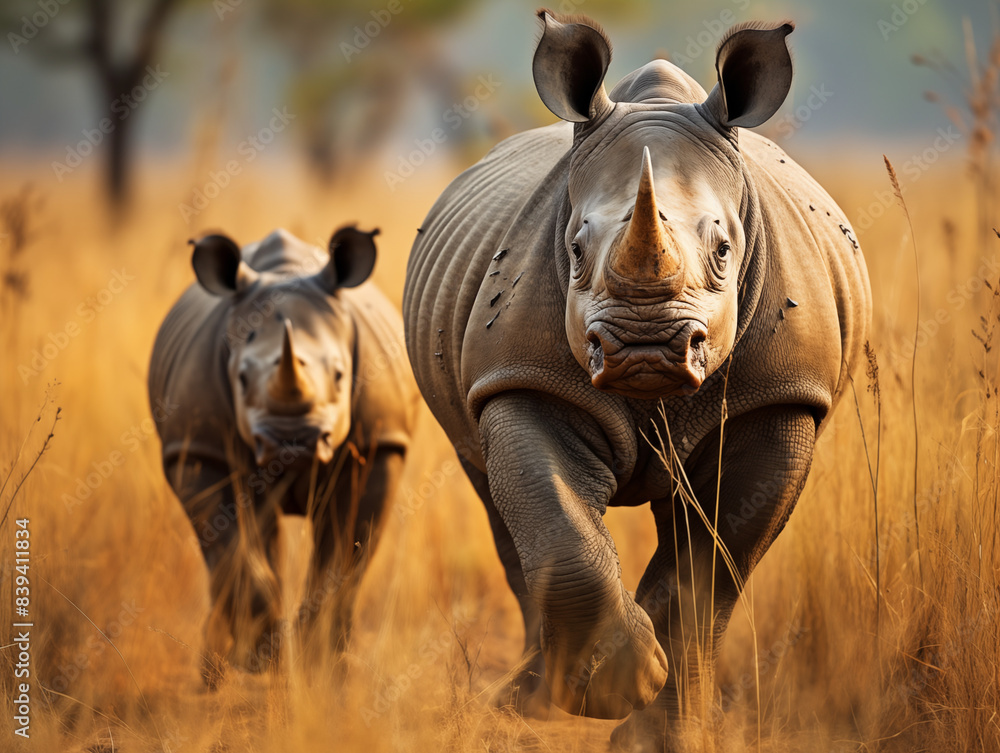 Naklejka premium Mother Rhino With Her Calf Walking Through The Grasslands 
