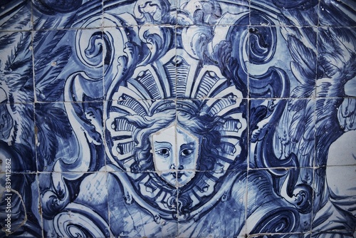 Ancient Portuguese mosaic Azulejo background. Lisbon tile colors in urban facade decoration