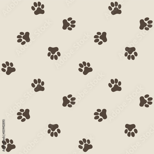 Dog paw seamless vector pattern background. Fun scattered neutral canine backdrop. Ecru beige animal repeat for doggie and pet products. Small elements all over print.