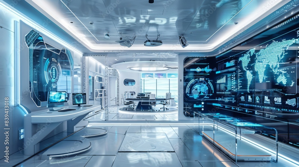 Obraz premium An image featuring futuristic workspaces, showcasing innovative and ergonomic design in a setting of a high-tech office, emphasizing productivity and technology. 