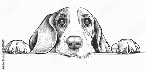 An artistic handdrawn sketch of a dog portrait is included on the sticker on the wall as a graphic depiction of the breed Basset Hound. photo