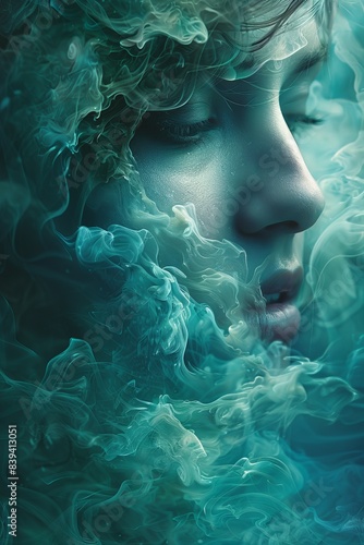 Surreal portrait of a serene woman with closed eyes, enveloped in wisps of green smoke, creating a dreamy and ethereal atmosphere.