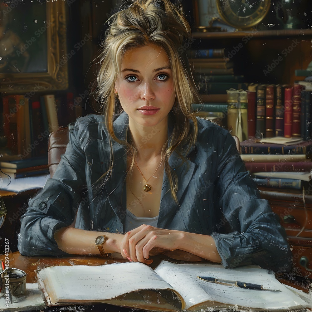 Portrait of a beautiful young woman sitting at a desk in a library Portrait of a beautiful young woman sitting at a desk in a library