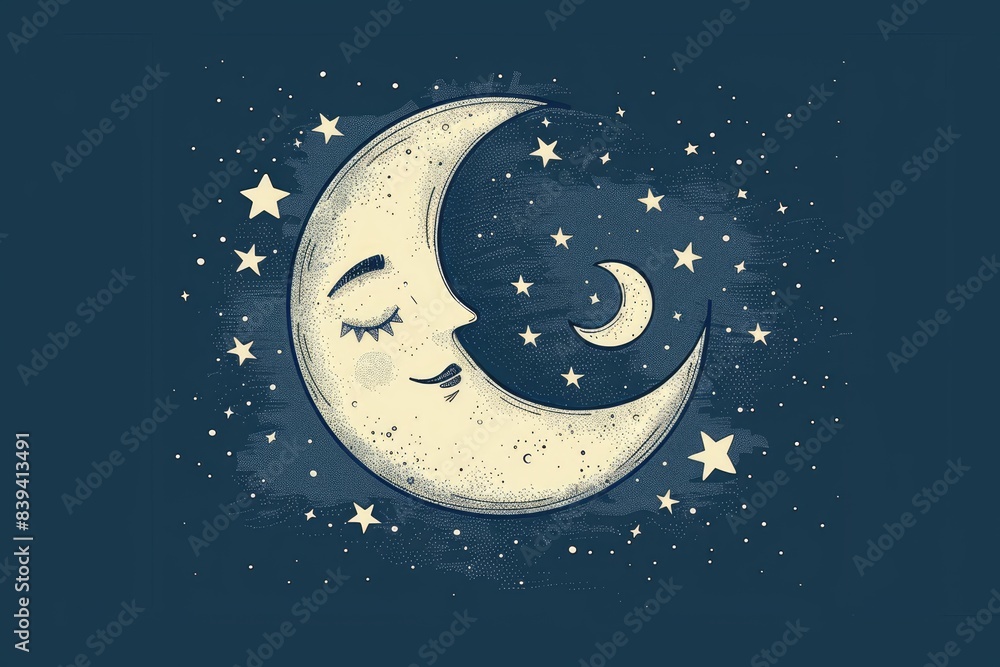 Naklejka premium Minimalist, cute moons with sleepy faces and stars around them, on a dark blue background