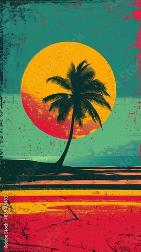 closeup palm tree beach sunset background pulp poster serene post nuclear reggae bright lithograph streaming chill summer