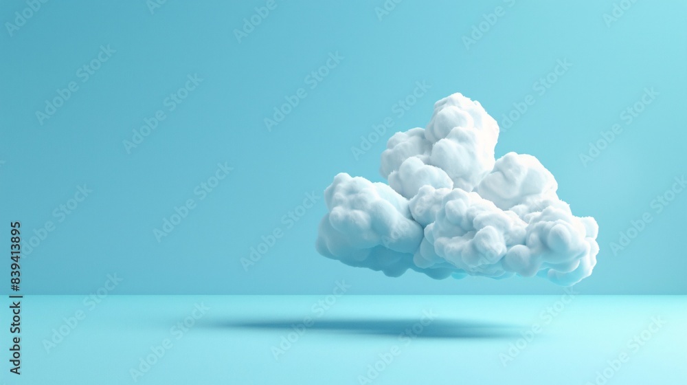A fluffy white cloud floating against a clean, blue background with its shadow cast on the surface below. Minimalistic and serene scene. 3D Illustration. A fluffy white cloud floating against a clean, blue background with its shadow cast on the surface below. Minimalistic and serene scene. 3D Illustration.