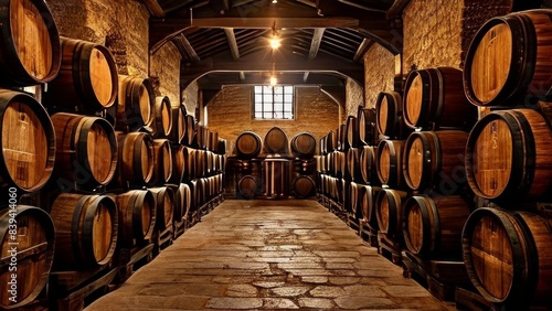 interior of a wine cellar. It contains many wooden barrels  presumably used for aging wine. the theme is the method of storing and aging wine 