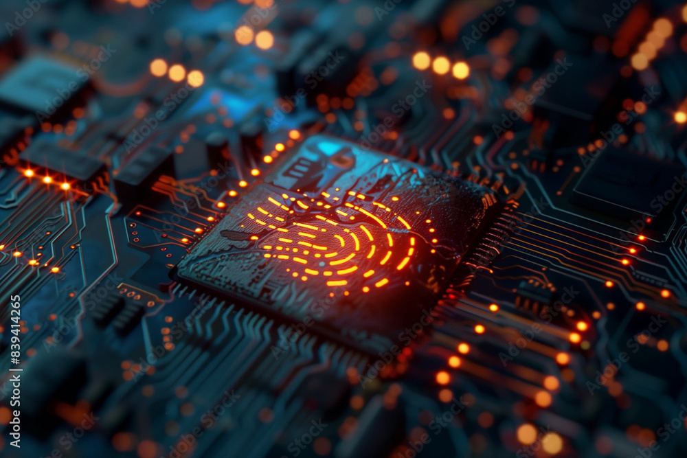 glowing fingerprint on electronic circuit board. glowing fingerprint on electronic circuit board.