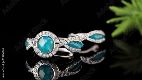 A bracelet with several oval turquoise stones surrounded by small clear crystals or diamonds. It has a silver or white gold base with intriguing details that testify to a high level of craftsmanship.