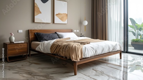 Modern bedroom with expensive flooring, paint and art work, side view, Neatly stacked bed sheet and pillows with good lighting and designer acrylic paint. © GechAI