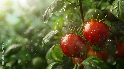 Fresh Tomatoes in a Garden with Dewdrops in the Morning Light