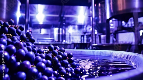 a large container filled with grapes. In the process of fermenting wine. The scene is suggestive of a winery with industrial equipment photo