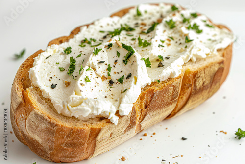 Slice of bread with cream cheese and herbs