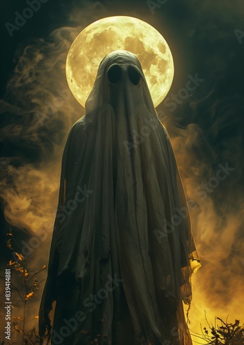 ghost standing front full moon ghostly face set costume background wearing translucent sheet pestilence fuming effigy pale skinned photo