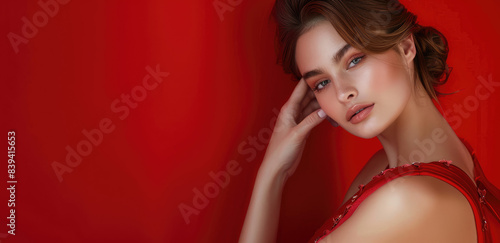 Red background, a female model wearing a red dress posing on the right side of the frame with her hand over her ear, a beautiful face and elegant pose