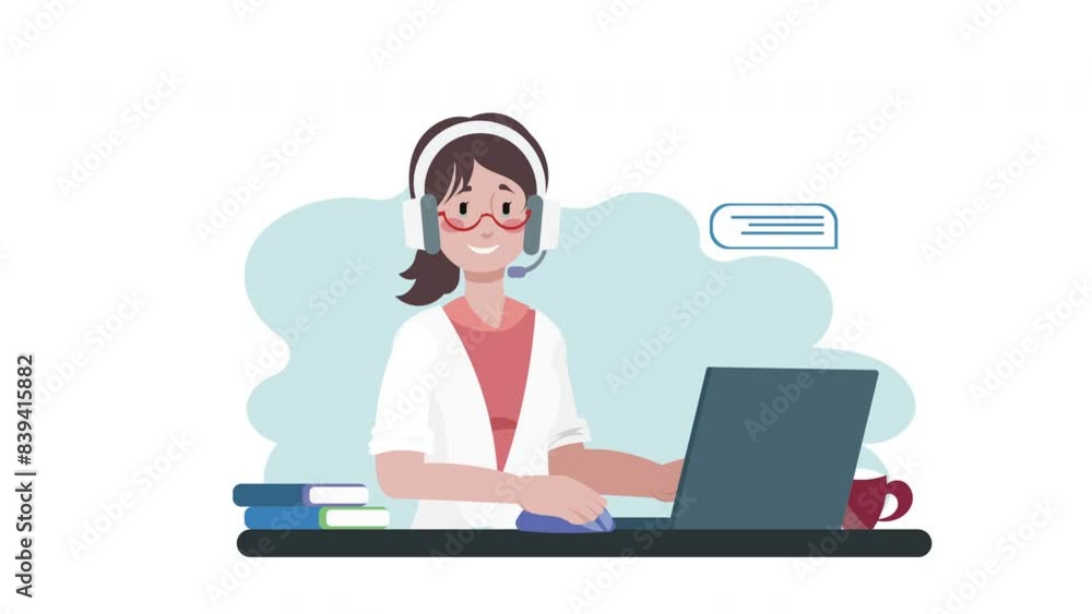 Animation of a cartoon woman working at a computer in an office setting. The character, a dedicated customer service representative assisting clients over the phone. Business concept. Animation of a cartoon woman working at a computer in an office setting. The character, a dedicated customer service representative assisting clients over the phone. Business concept.
