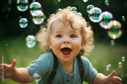 Captivating Toddler bubbles fun. Summer play. Generate Ai